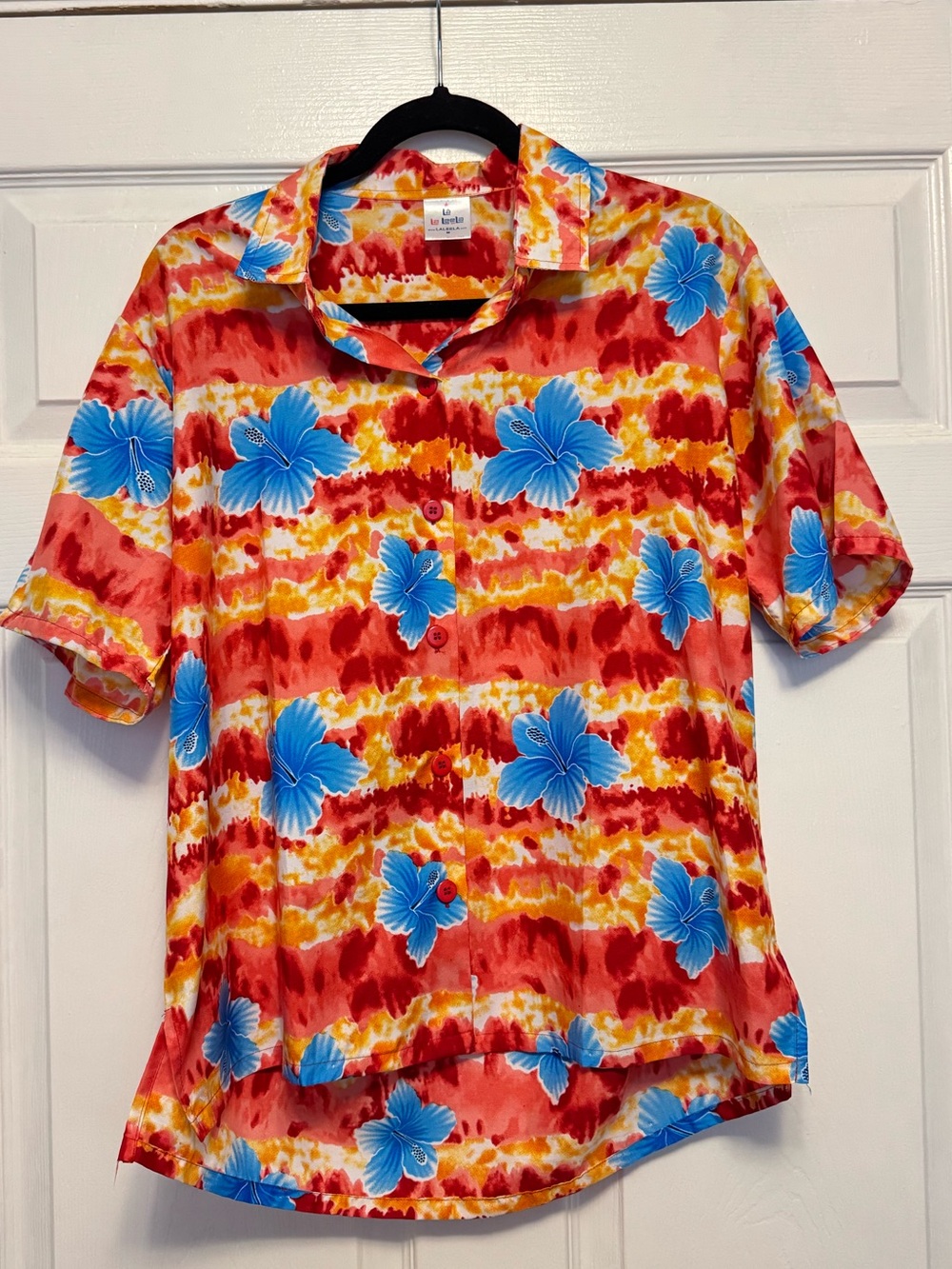 Bright Floral Button-Down Shirt in Red with Blue Hibiscus